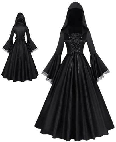 Genérico Disfraz De Bruja Con Falda Larga,Vestimenta Gótica con Capucha - Vestido Negro De Disfraz De Bruja Para Halloween | Para Hija Novia Amigas Hermanas Madre Casa Encantada Teatro