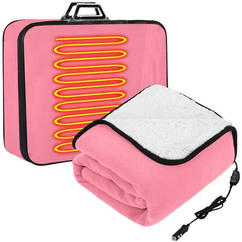 Riakrum 12v Heated Car Blanket 58 x 43, Pink, Solid