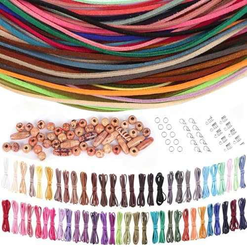 HJ-fuzhou 60 Farben Lederschnur Lederband,Ketten mit 100 Verschluss,50 Karabinerverschluss,100 Biegering, 100 Holzperlen, 60m Lederband,Flache Lederschnur für DIY Armband Halskette Schmuck Handwerk