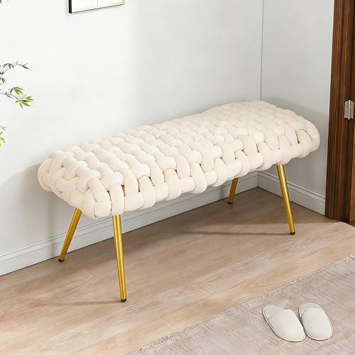 Velvet Sitzbank, Sofa Hocker, Goldfarbenen Metallbeinen Hockerbank, Gepolsterte Bettbank, Rechteckig Flurbank, Küchenbank bis 300 kg Belastbar, für Wohnzimmer Schlafzimmer Flur, 110x46x46cm (Creme)