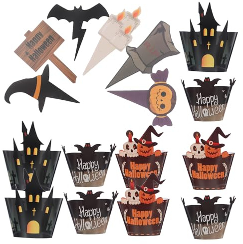 Didiseaon Lot de 48 sets de Décorations Halloween pour Cupcakes – 2 Ensembles de Caissettes en Papier 12 Toppers Fantômes Citrouilles et Chauves-Souris – Accessoires Fête D’Halloween pour