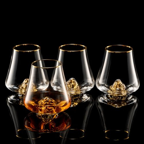 DUJUST Lot de 4 verres à whisky (8oz/235ml) avec motif montagne or 24 carats, verres à whisky en cristal, verres Old Fashioned pour brandy, cognac, bourbon et tequila, cadeau luxueux pour les fêtes