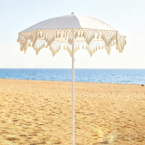 Générique Parasol De Jardin Portable À Frange, Parapluie De Plage Extérieur Inclinable À 45°, 8 Baleines, Protection Solaire UPF50+ pour Terrasse, Jardin Et Piscine(200cm/6.5ft)