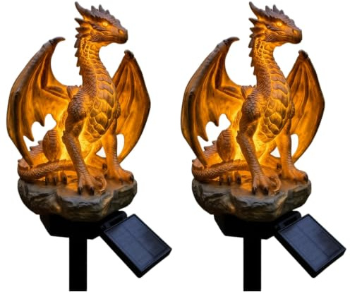 Drachen Figuren Garten, Drache Gartenfiguren für Draußen Wetterfest, Dragon Statue Gartendeko für Außen, Halloween Deko Outdoor (2 Stück Drach)