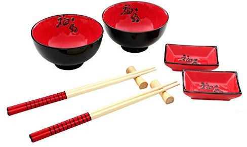 PREMIER Housewares 1104287 Set per Pranzo Cinese, 8 Pezzi, 2 Ciotole Rosse, 2 Piatti Rossi, 2 Bacchette, 2 Resti
