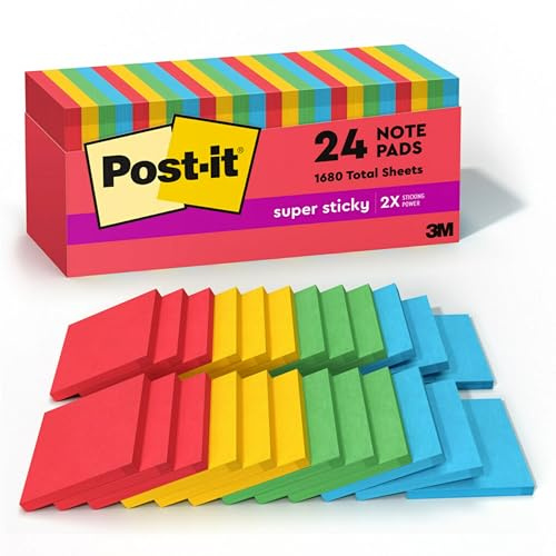 Post-it Super Haftnotizen, 24 Haftnotizblöcke, 7,6 x 7,6 cm, Schulbedarf für Schüler, ideal für Lehrbücher, Notizbücher, Wände und vertikale Oberflächen, Playful Primaries Collection