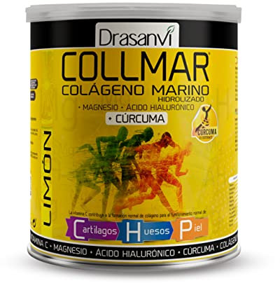 Drasanvi COLLMAR Colágeno Marino Hidrolizado + Cúrcuma con Magnesio, Vitamina C, Ácido Hialurónico para bienestar articular y muscular, asimilación 9.355 mg/día, 300 g de polvo = 26 días, Sabor Limón