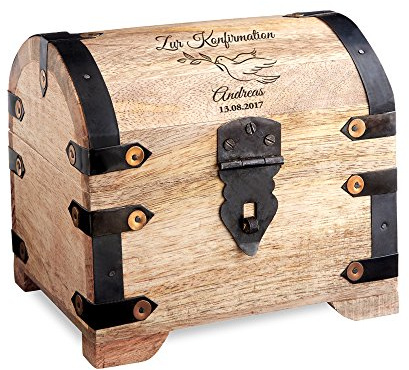 Schatztruhe zur Konfirmation: Konfirmationsgeschenk für Kinder | Personalisiert mit Namen und Datum | Helles Holz | Verpackung für Geldgeschenke | Geschenkidee für Konfirmanden | Motiv Taube