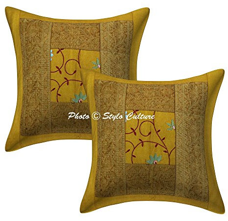 Stylo Culture Ethnicas Forros De Cojines Decorativa 40x40 cm Polydupion Floral Fundas Almohadones Sofa Dorado 16x16 Inch Brocado Bordado Cuadrado sobre Fundas para Cojines De Cama - 2 Pcs