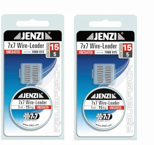 Set: 2 x Jenzi Stahl Vorfach, Powerflex, 7x7, 6, 9, 12, 15, oder 20 kg, mit 20 Klemmhülsen Vorfach + gratis Petri Heil! Aufkleber (15 kg)