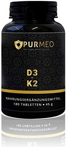 PURMEO® Vitamin D3+K2 Tabletten MK7 100µg Premium Nährstoff-Kombination | gute Bioverfügbarkeit | 180 Tabletten | vegan, laborgeprüft, hochdosiert