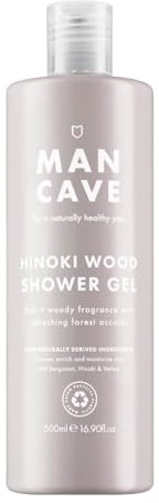 ManCave Bagnoschiuma Uomo Hinoki Wood 500ml, Gel Doccia con note di Hinoki, Cedro e Muschio, Formula Naturale, Senza Solfati, Doccia Schiuma Vegano, Plastiche Riciclate, Prodotto in Inghilterra