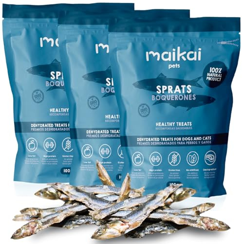 MAIKAI Chuches Naturales para Perros y Gatos Ricas en Omega 3 Boquerones Deshidratados 3x100 g Snack Barf 100% Natural para Todas Las Edades Premios Saludables Producidos en España