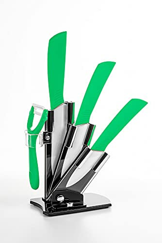 Hometric Ceramic Knife Sets with Block, 4 Piece Kitchen Knives Set with Ergonomic Handle, Rust Resistant and Light Weight Knife Block Set with Knives and Vegetable Peeler (Green)