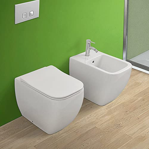 Inbagno Set di Sanitari Filo Muro a Terra, in Ceramica Bianco Lucido Design Moderno, Include copriwc Slim Soft Close, Serie Metropolitan