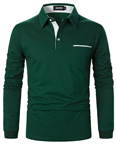 AIOIDI Polo Uomo Manica Lunga Slim Fit Cotone Strisce Plaid T Shirt con Tasche，Verde 2，XXL