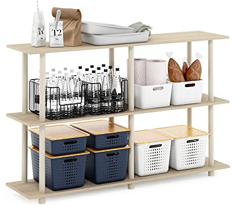Furinno Turn-N-Tube No Tools 3-Tier Rectangle Side Display Rack, Bauhaus Oak/Beige Plastic Pole 2 x 2