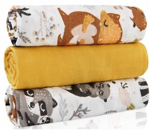 Babymam Baby Muslin Nappies Cloth Diaper Cotton 3-PACK Colourful 70x70cm Raccoon