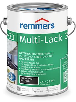 Remmers Multi-Lack 3in1 tiefschwarz (RAL 9005), 2,5 Liter, Wetterschutzfarbe, Metallschutzlack & Buntlack auf Wasserbasis für Holz, Metall & PVC