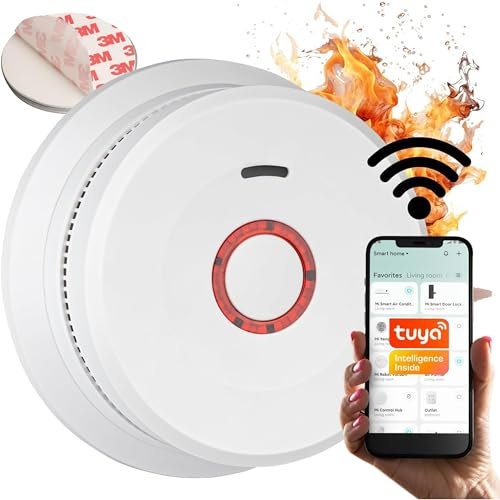 NAHOUSE Détecteur de Fumée Connecté WiFi NF Alarme Incendie Maison Smart Capteur Feu Bouton Test Autocollant Aimant Piles Fournies Norme EN14604
