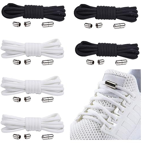 anshuke 6 Paar Elastische Schnürsenkel mit Metallkapsel, Einstellbare Schnürsenkel Ohne Binden, Gummi Schuhbänder mit Kapseln, Gummischnürsenkel für Sneaker, Laufschuhe, Sporschuhe (Schwarz+Weiß)