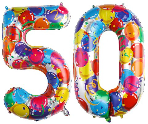 Ponmoo 40 Zoll Foil Luftballon Zahlen 50 Mehrfarbig (101cm), Aufblasbares Helium oder Luft, Riesige Folienballons Nummer 0-100, Große Ballones für Hochzeitstag und Geburtstag Party Dekoration