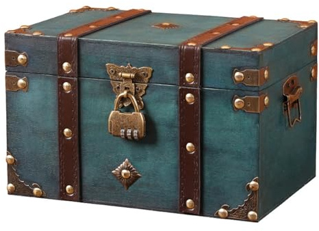 Nanddi Vintage Wooden Treasure Chest Box with Lock Small Rectangle Antique Wood Jewelry Storage Boxes European Decorative Handmade Storage Box Case Organizer Trinket Keepsake for Home Bedroom Decor