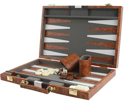 BackgammonKoffer 15 Inch Classic Backgammm Travel Strategy Backgammon Game Set for Adults Children (Brown)