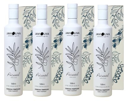 JAVIOLIVA – PACK 4 Botellas AOVE PREMIUM Picual – COSECHA TEMPRANA – Botella 500ml con Caja de Regalo Elegante – 2 Litros Total – Ideal para Regalos, Degustación y Uso Gourmet.