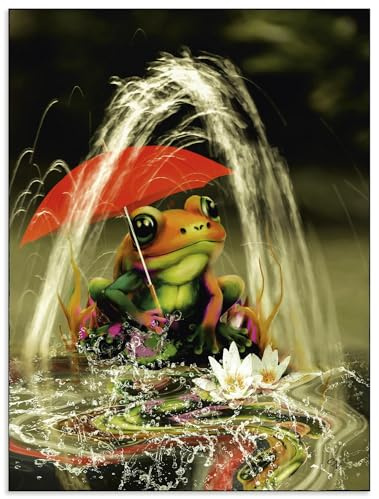 ARTland Wanddeko Wandbild Alu Verbundplatte für Innen & Outdoor Bild 45x60 cm Frosch Regenschirm Seerose Blumen Märchen Garten Fantasy U4VR
