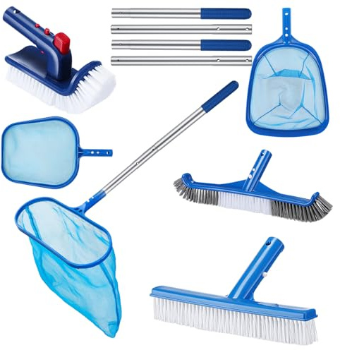 FillTouch Swimming Pool Cleaning Kit Including 3 Pool Skimmer Net 3 Brush and Aluminum Adjustable Pole for Cleaning Walls Ideal Clean Kit for Above Ground
