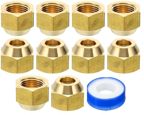 PATIKIL 3/8 SAE Dado a Compressione in Ottone, 10pz 45 Gradi Raccordo Tubo Svasato in Rame Tappo per Raccordo Tubo Ottone con Nastro Adesivo per Linea Gas Acqua Condizionatore Aria, Lucido