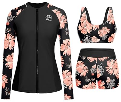 Holipick Orange Floral Long Sleeve Swimsuits for Women - 3 Piece Rash Guard with Shorts Zipper SPF Swim Shirt with Built in Bra M