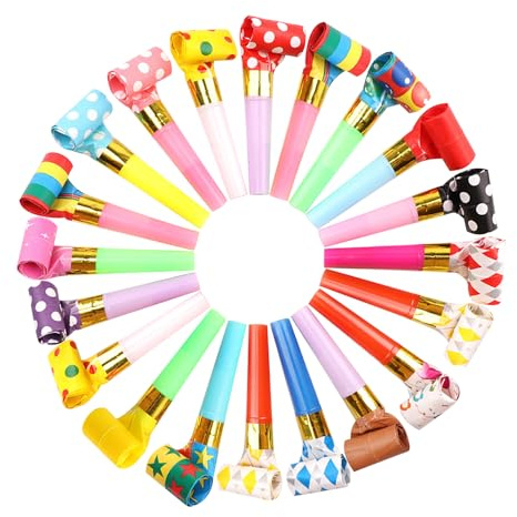 Paquete de 20 silbatos coloridos de cumpleaños infantiles, silbatos de plástico para niños, suministros de fiesta, sonorizadores de fiesta, cuerno de carnaval para niños, accesorios para fiestas,