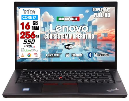 Lenovo Notebook Computer Portatile Cpu Intel Core i7-6th • Ram 16Gb Ddr4 • SSD 256 GB • Webcam • Wifi • Bluetooth • Schermo 14 FULLHD • Win 11 Pro e Antivirus • Ricondizionato