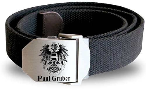 Lasernauten Gürtel mit Edelstahlschnalle mit Gravur Österreich und Name Wunschtext personalisiert Wappen Adler Workwear Stoffgürtel Austria Flagge Fahne