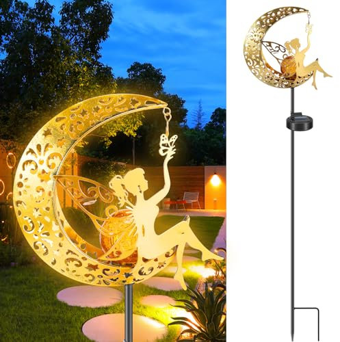 2024 Upgraded Solar Lights Outdoor Pathway LED Stake Lights Vintage Metal, Moon Garden Solar Light Crackle Glass Ball Garden Decor(Star)