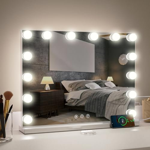 Aovquof Hollywood Specchio con illuminazione LED, 3 modalità, USB e ingrandimento 10x, tavolo o supporto da parete per camera da letto (50 x 40 cm)