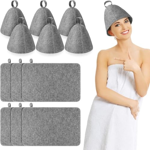 12 Stück Sauna Zubehör 6 Stück Filz Saunahut 6 Stück Banya Wärmeisolierung Saunamatte Saugfähig Kopfschutz Vaporarium Hut für Haare Männer Frauen Bad Dusche Geschenk, Grau