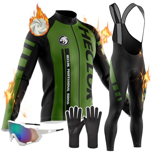 Vêtements Cyclisme Homme Hiver Tenue Cycliste en Polaire Thermique,Maillot Velo VTT Jersey Manche Longue et Pantalon à Bretelle avec 9D Coussin Gel, Coupe-Vent et Chaud MTB