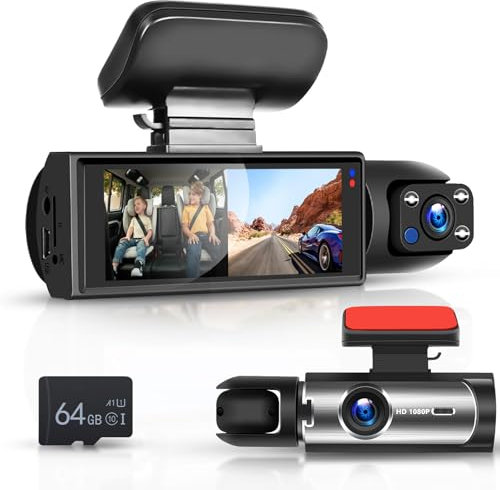 Dash Cam Anteriore Auto, Hodozzy Doppia Fronte e Interno Telecamera Auto Scheda 64G, FHD 1080P 3,16”IPS Schermo Dashcam G-Sensor, Monitor di Parcheggio Registrazione Loop, Visione Notturna