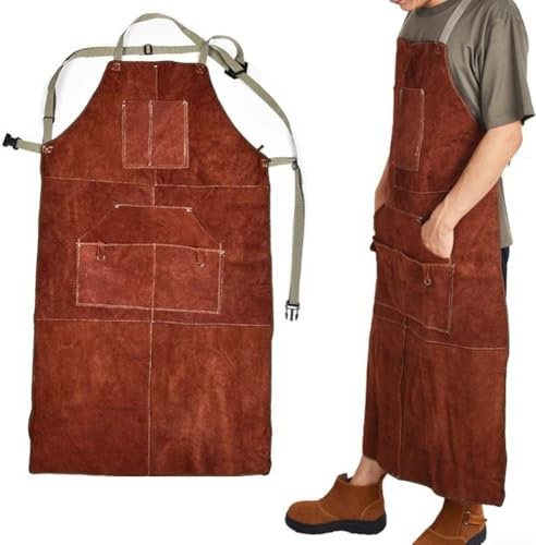 Yuanpgky Leather Welding Apron for Men,Heavy Duty Heat Resistant Cowhide Work Apron with 6 Pockets,Flame Resistant for PROTECTION for Welders,Blacksmiths,Gunsmiths