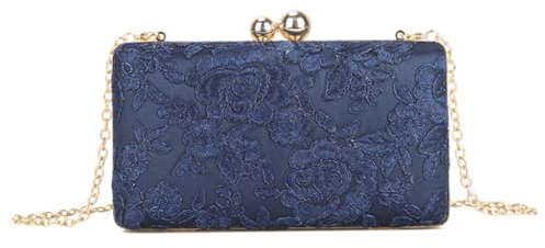 LeahWard Womens Elegant Floral Lace Evening Clutch Purse, Ball Clasp Wedding Party Bags (Navy)