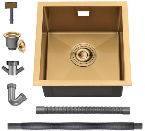 BoomHoze Fregadero Cocina 40 x 40 cm, Fregadero Acero Inoxidable, Oro | Fregadero Compatible Instalación sobre, bajo y a fleur de Encimera, Incluye Rebosadero y Cesta Filtro