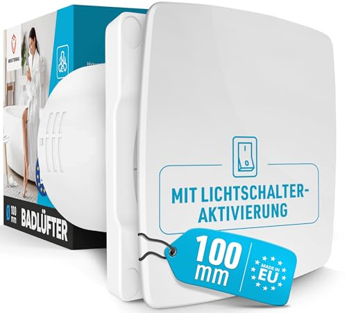 MEISTERBAU - Badlüfter mit Lichtschalter-Aktivierung [Made in Europe] - Leiser Lüfter 100mm Durchmesser - Effizienter Abluftventilator zur Wandmontage mit Montagematerial - Bad & Dusche