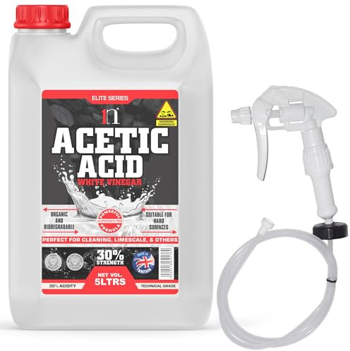 White Vinegar 30% Acetic Acid Glyphosate Free Concentrate 6 x Stronger Than Regular White Vinegar | Cleaning Vinegar, Tough Stain Remover & Natural Weed Killer with Long Hose Trigger (1, 5 Liter)