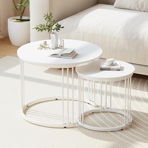 Garden 4 you Couchtisch Rund, Satztisch 2er Set, Wohnzimmertisch Modern, Couchtisch aus Holz, Beistelltisch Set Rund, Kaffeetisch, Sofatisch, Tischkombination fürs Wohnzimmer Büro Balkon (Weiß)