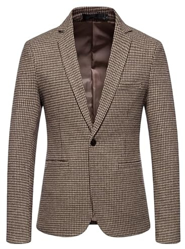HUIANGLIYG Giacca Blazer in Tweed da Uomo con 1 Bottone, Leggera, Pied De Poule, Casual, Sportiva, Slim Fit, Giacca da Abito Business con Tasche, Cappotto Vintage A Quadri per Autunno Inverno, Color
