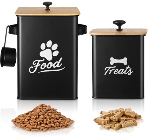 Tivray Hundeleckerli-Behälter 2er-Set, Hundefutter-Aufbewahrungsbehälter mit luftdichten Deckeln, Metall-Hundeleckerli-Gläser für die Küchenarbeitsplatte frisch zu halten, 24 × 18 × 24,5 cm, Schwarz