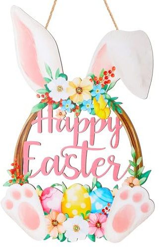 Aeaocvo Easter Wreath Bunny Welcome Sign, Flower Egg Welcome Hanging 12” Wooden Easter Decor for Front Door Wall and Home Decorations